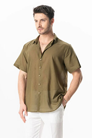 Kısa Kol Poplin Akdeniz Erkek Yazlık Gömlek Haki Hk