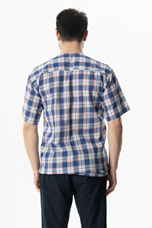 Kısa Kol Şile Bezi Tek Cepli Bisiklet Yaka Erkek Yazlık Gömlek Saks Ekose 3060