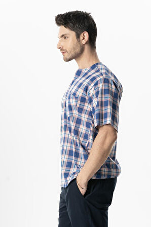 Kısa Kol Şile Bezi Tek Cepli Bisiklet Yaka Erkek Yazlık Gömlek Saks Ekose 3060