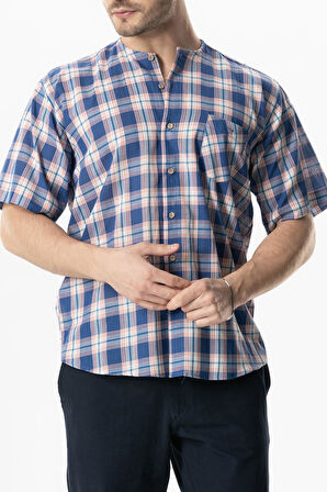 Kısa Kol Şile Bezi Tek Cepli Bisiklet Yaka Erkek Yazlık Gömlek Saks Ekose 3060