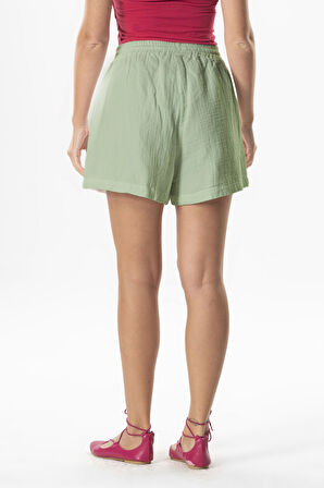 Lastik Detaylı Beli Bağcıklı Kısa Müslin Salaş Şort Açık Haki Ahk