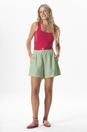 Lastik Detaylı Beli Bağcıklı Kısa Müslin Salaş Şort Açık Haki Ahk