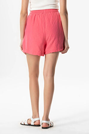 Lastik Detaylı Beli Bağcıklı Kısa Müslin Salaş Şort Pembe Pmb