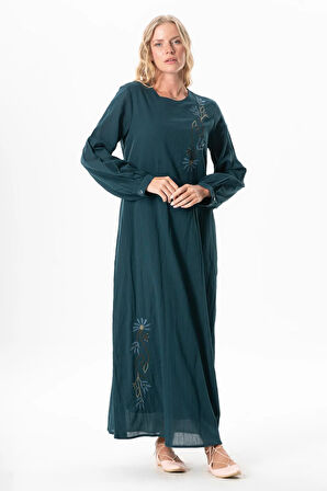 Uzun Kol Şile Bezi Gülşah Bisiklet Yaka Nakışlı Uzun Yazlık Elbise Petrol Ptrl