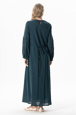 Uzun Kol Şile Bezi Gülşah Bisiklet Yaka Nakışlı Uzun Yazlık Elbise Petrol Ptrl