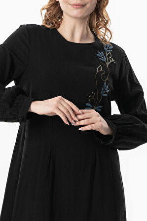 Uzun Kol Şile Bezi Gülşah Bisiklet Yaka Nakışlı Uzun Yazlık Elbise Siyah Syh