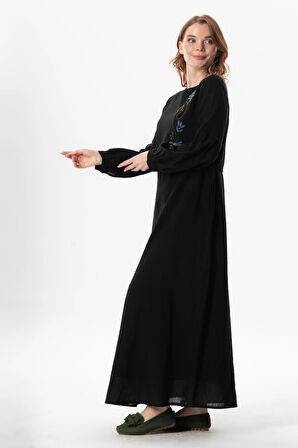 Uzun Kol Şile Bezi Gülşah Bisiklet Yaka Nakışlı Uzun Yazlık Elbise Siyah Syh