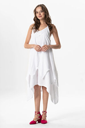Askılı V Yaka Leyla Asimetrik Kesim Midi Boy Müslin Yazlık Elbise Beyaz Byz