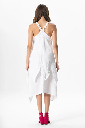 Askılı V Yaka Leyla Asimetrik Kesim Midi Boy Müslin Yazlık Elbise Beyaz Byz