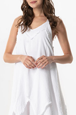 Askılı V Yaka Leyla Asimetrik Kesim Midi Boy Müslin Yazlık Elbise Beyaz Byz