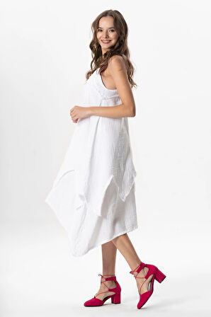 Askılı V Yaka Leyla Asimetrik Kesim Midi Boy Müslin Yazlık Elbise Beyaz Byz