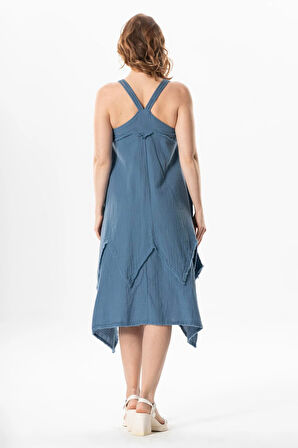 Askılı V Yaka Leyla Asimetrik Kesim Midi Boy Müslin Yazlık Elbise İndigo indg