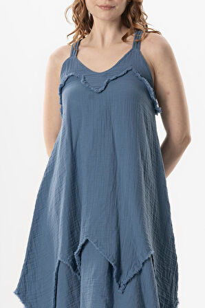 Askılı V Yaka Leyla Asimetrik Kesim Midi Boy Müslin Yazlık Elbise İndigo indg