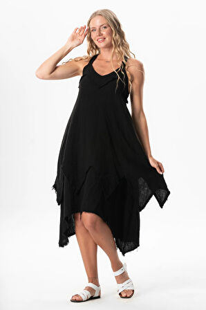 Askılı V Yaka Leyla Asimetrik Kesim Midi Boy Müslin Yazlık Elbise Siyah Syh