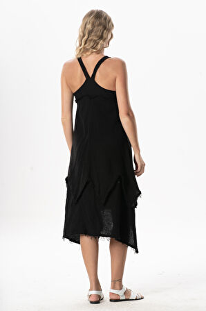 Askılı V Yaka Leyla Asimetrik Kesim Midi Boy Müslin Yazlık Elbise Siyah Syh