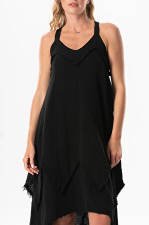 Askılı V Yaka Leyla Asimetrik Kesim Midi Boy Müslin Yazlık Elbise Siyah Syh