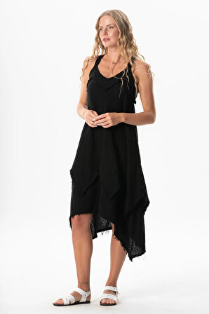 Askılı V Yaka Leyla Asimetrik Kesim Midi Boy Müslin Yazlık Elbise Siyah Syh