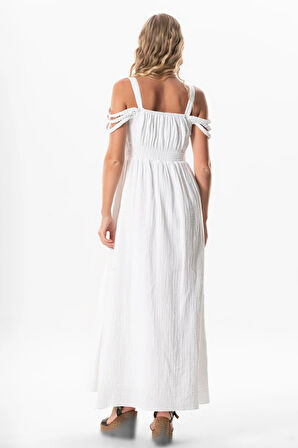 Askılı Kleopatra Kol Detaylı Uzun Müslin Yazlık Elbise Beyaz Byz