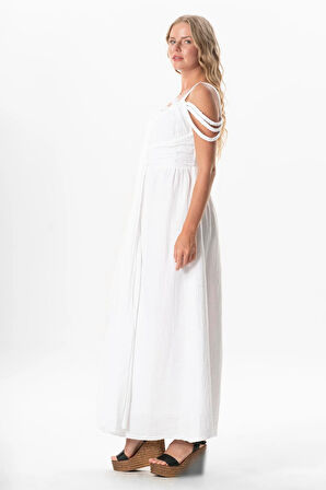 Askılı Kleopatra Kol Detaylı Uzun Müslin Yazlık Elbise Beyaz Byz