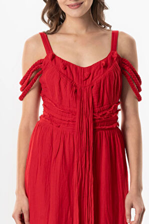 Askılı Kleopatra Kol Detaylı Uzun Müslin Yazlık Elbise Kırmızı Krmz