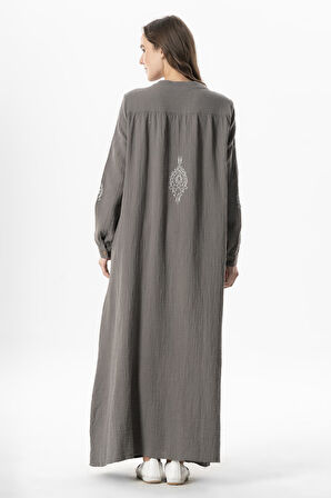 Uzun Kol Laçin Baskılı Müslin Mevsimlik Ferace Gri Gri