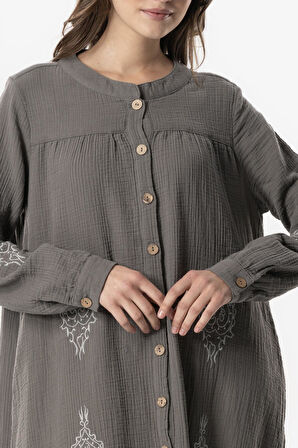 Uzun Kol Laçin Baskılı Müslin Mevsimlik Ferace Gri Gri