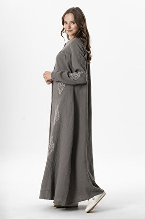 Uzun Kol Laçin Baskılı Müslin Mevsimlik Ferace Gri Gri