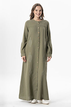 Uzun Kol Laçin Baskılı Müslin Mevsimlik Ferace Haki Hk