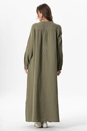 Uzun Kol Laçin Baskılı Müslin Mevsimlik Ferace Haki Hk