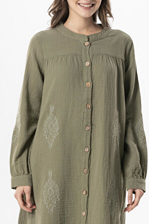 Uzun Kol Laçin Baskılı Müslin Mevsimlik Ferace Haki Hk