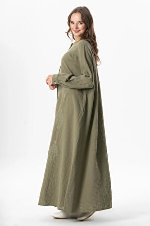 Uzun Kol Laçin Baskılı Müslin Mevsimlik Ferace Haki Hk