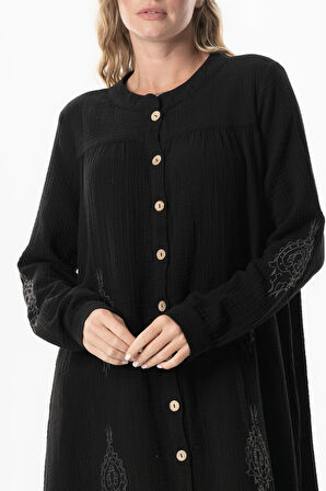 Uzun Kol Laçin Baskılı Müslin Mevsimlik Ferace Siyah Syh