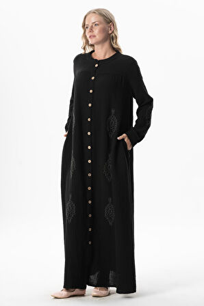 Uzun Kol Laçin Baskılı Müslin Mevsimlik Ferace Siyah Syh