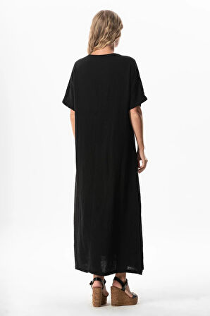 Yarım Kol V Yaka Yaprak Baskılı Uzun Müslin Yazlık Elbise Siyah/Beyaz Syh/Byz