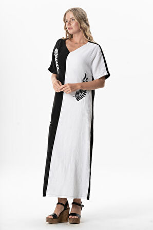 Yarım Kol V Yaka Yaprak Baskılı Uzun Müslin Yazlık Elbise Siyah/Beyaz Syh/Byz