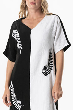 Yarım Kol V Yaka Yaprak Baskılı Uzun Müslin Yazlık Elbise Siyah/Beyaz Syh/Byz