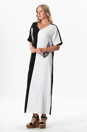 Yarım Kol V Yaka Yaprak Baskılı Uzun Müslin Yazlık Elbise Siyah/Beyaz Syh/Byz