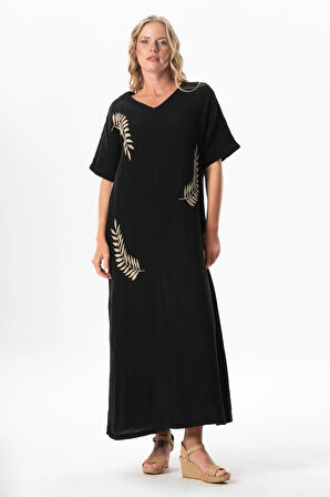 Yarım Kol V Yaka Yaprak Baskılı Uzun Müslin Yazlık Elbise Siyah-Siyah Syh/Syh
