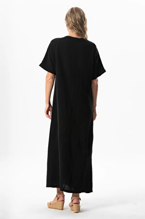 Yarım Kol V Yaka Yaprak Baskılı Uzun Müslin Yazlık Elbise Siyah-Siyah Syh/Syh