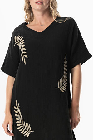 Yarım Kol V Yaka Yaprak Baskılı Uzun Müslin Yazlık Elbise Siyah-Siyah Syh/Syh