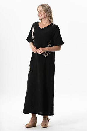 Yarım Kol V Yaka Yaprak Baskılı Uzun Müslin Yazlık Elbise Siyah-Siyah Syh/Syh