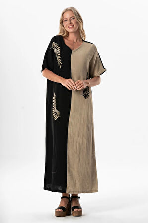 Yarım Kol V Yaka Yaprak Baskılı Uzun Müslin Yazlık Elbise Siyah/Vizon Syh/Vzn