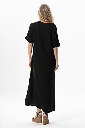 Yarım Kol V Yaka Yaprak Baskılı Uzun Müslin Yazlık Elbise Siyah/Vizon Syh/Vzn