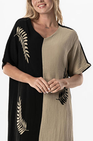 Yarım Kol V Yaka Yaprak Baskılı Uzun Müslin Yazlık Elbise Siyah/Vizon Syh/Vzn