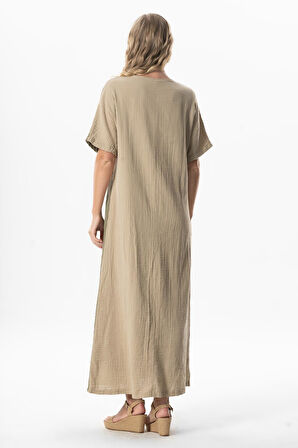 Yarım Kol V Yaka Yaprak Baskılı Uzun Müslin Yazlık Elbise Vizon/Haki Vzn/Hk