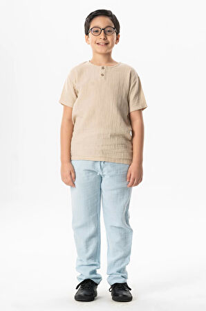 Beli Lastikli Müslin Cepli Yazlık Çocuk Pantolon Buz Mavi Bmv