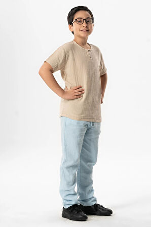 Beli Lastikli Müslin Cepli Yazlık Çocuk Pantolon Buz Mavi Bmv