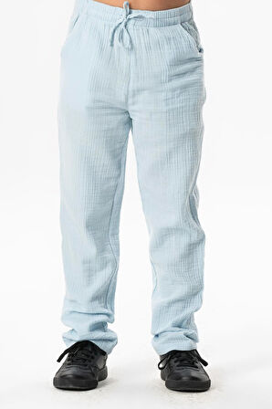 Beli Lastikli Müslin Cepli Yazlık Çocuk Pantolon Buz Mavi Bmv