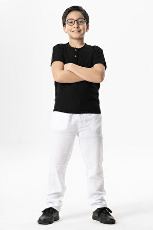 Beli Lastikli Müslin Cepli Yazlık Çocuk Pantolon Beyaz Byz