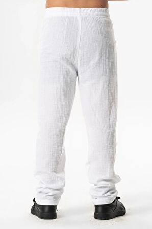 Beli Lastikli Müslin Cepli Yazlık Çocuk Pantolon Beyaz Byz